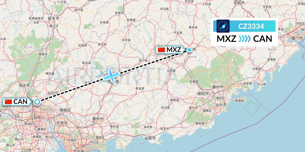 CZ3334 China Southern Airlines Flight Map: Meixian to Guangzhou
