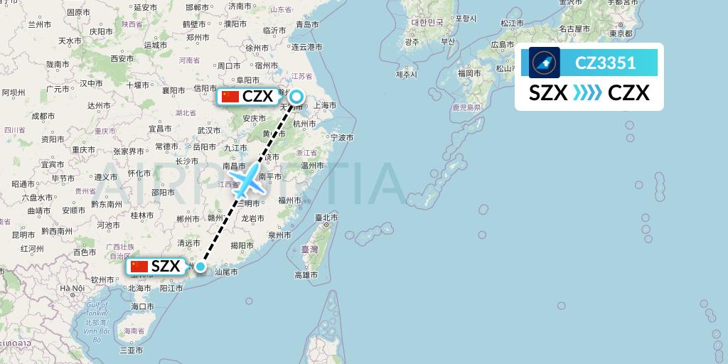 CZ3351 China Southern Airlines Flight Map: Shenzhen to Changzhou