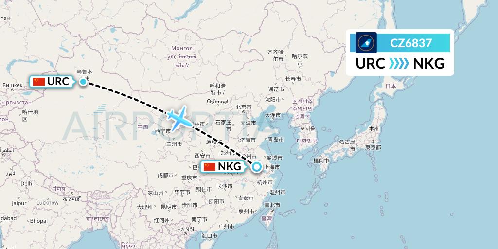 CZ6837 China Southern Airlines Flight Map: Urumqi to Nanjing