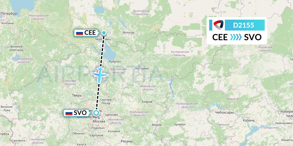 D2155 Severstal Aircompany Flight Map: Cherepovets to Moscow