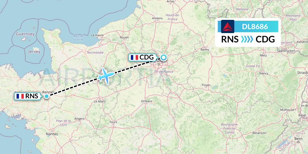 DL8686 Delta Air Lines Flight Map: Rennes to Paris
