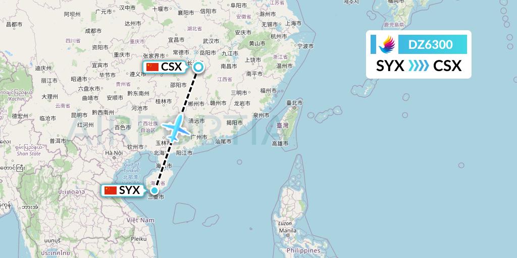 DZ6300 Donghai Airlines Flight Map: Sanya to Changsha