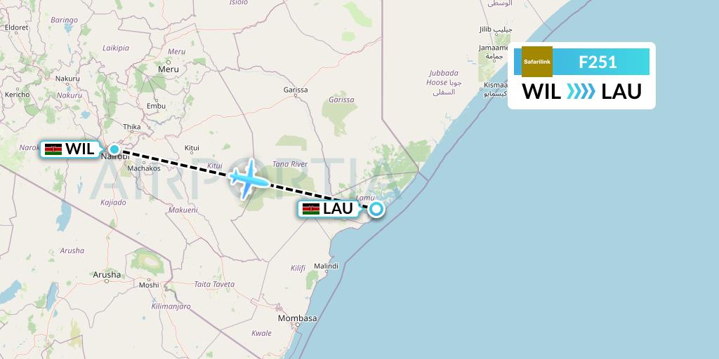 F251 Safarilink Aviation Flight Map: Nairobi to Lamu