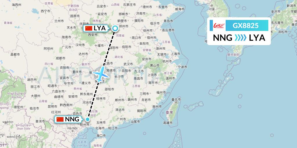 GX8825 GX Airlines Flight Map: Nanning to Luoyang