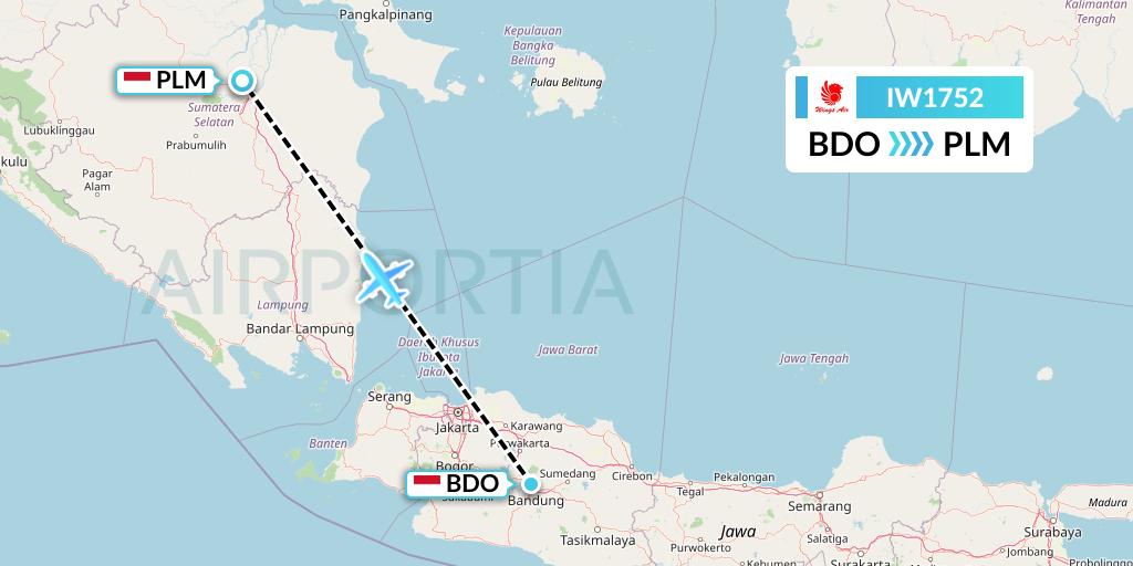 IW1752 Wings Air Flight Map: Bandung to Palembang