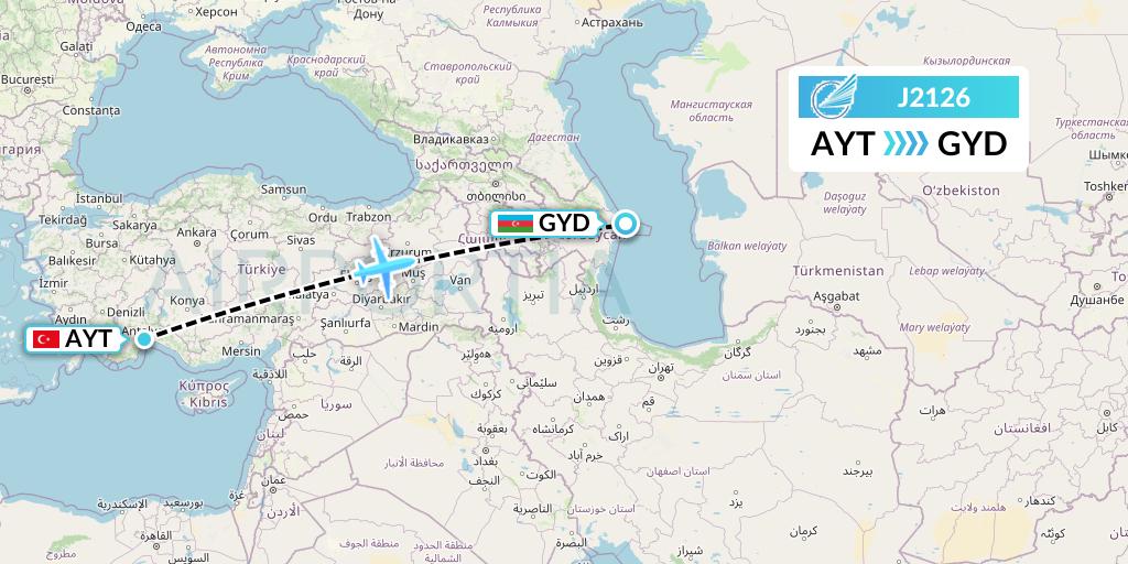 J2126 Azerbaijan Airlines Flight Map: Antalya to Baku