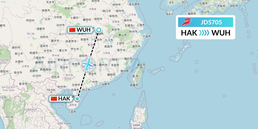 JD5705 Capital Airlines Flight Map: Haikou to Wuhan