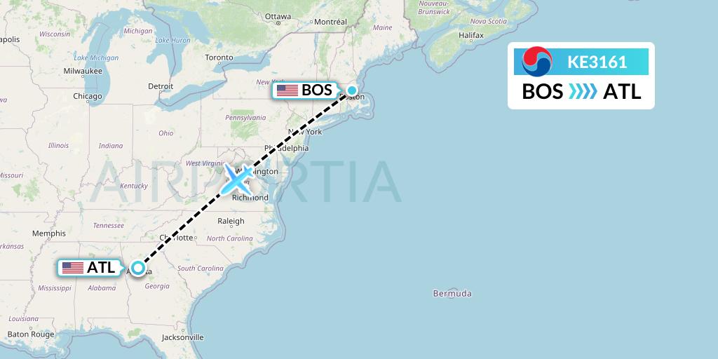 KE3161 Korean Air Flight Map: Boston to Atlanta