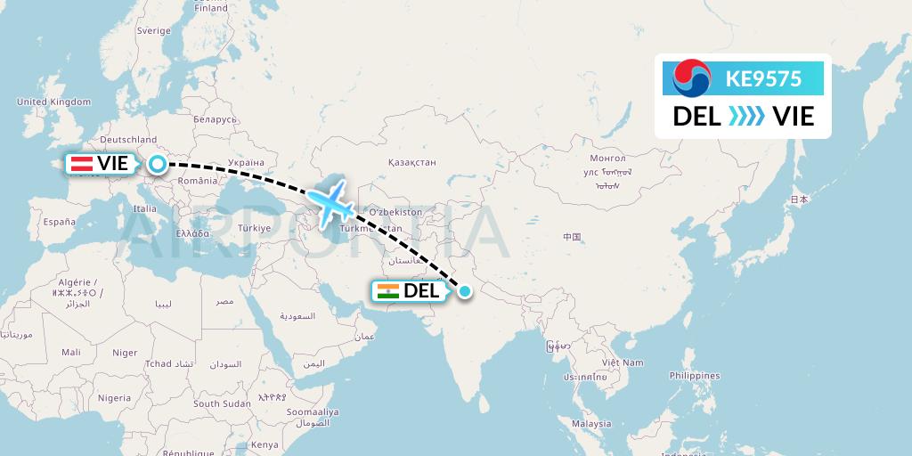 KE9575 Korean Air Flight Map: Delhi to Vienna