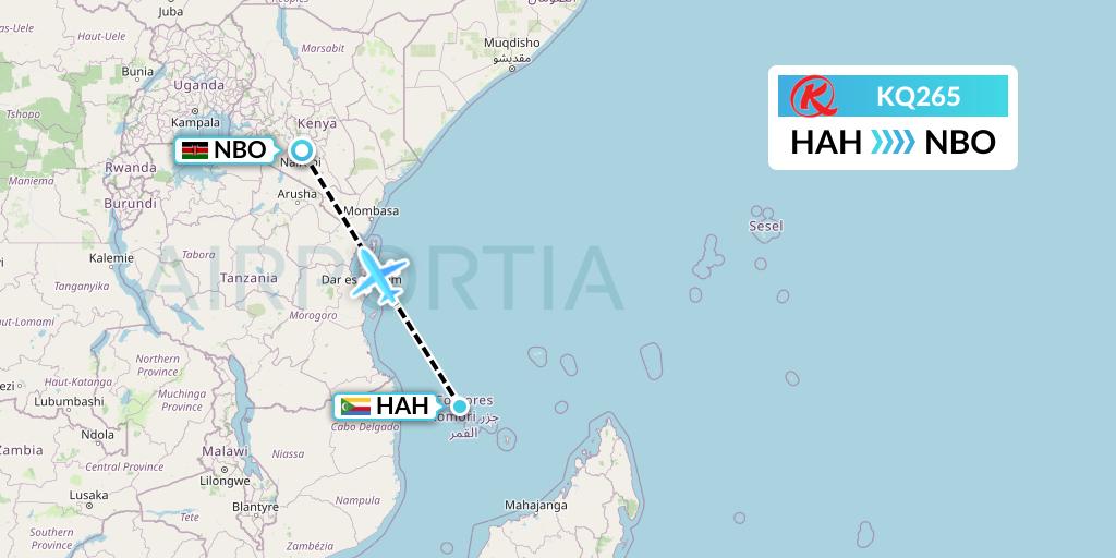 KQ265 Kenya Airways Flight Map: Moroni to Nairobi