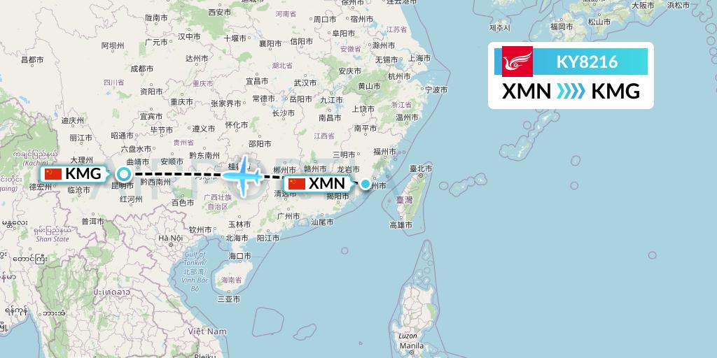 KY8216 Kunming Airlines Flight Map: Xiamen to Kunming