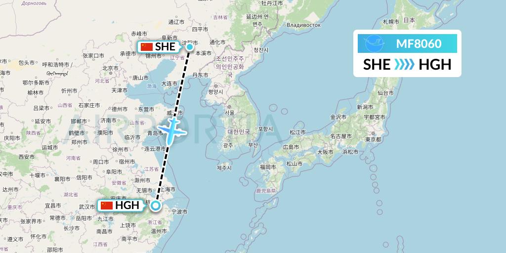 MF8060 Xiamen Airlines Flight Map: Shenyang to Hangzhou