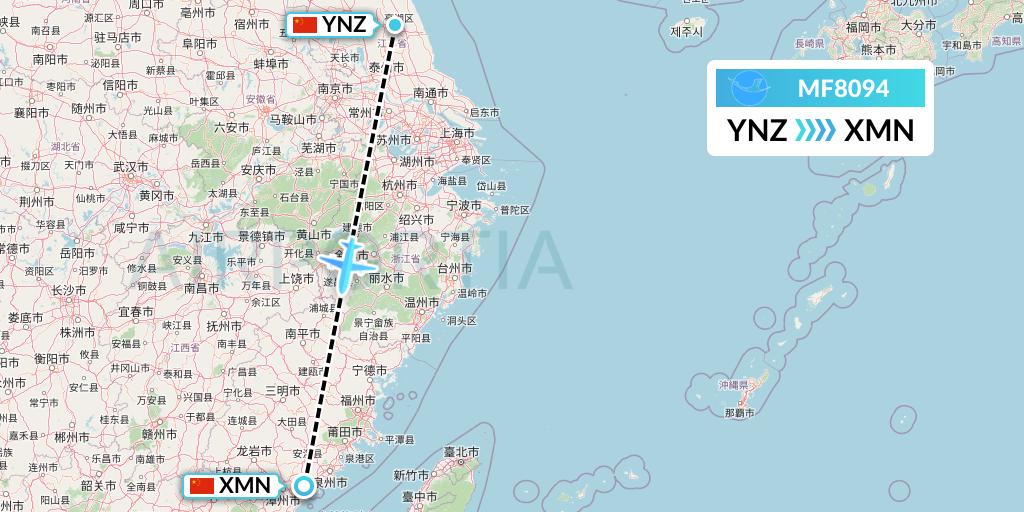 MF8094 Xiamen Airlines Flight Map: Yancheng to Xiamen