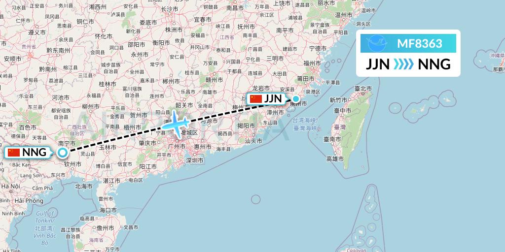 MF8363 Xiamen Airlines Flight Map: Jinjiang to Nanning