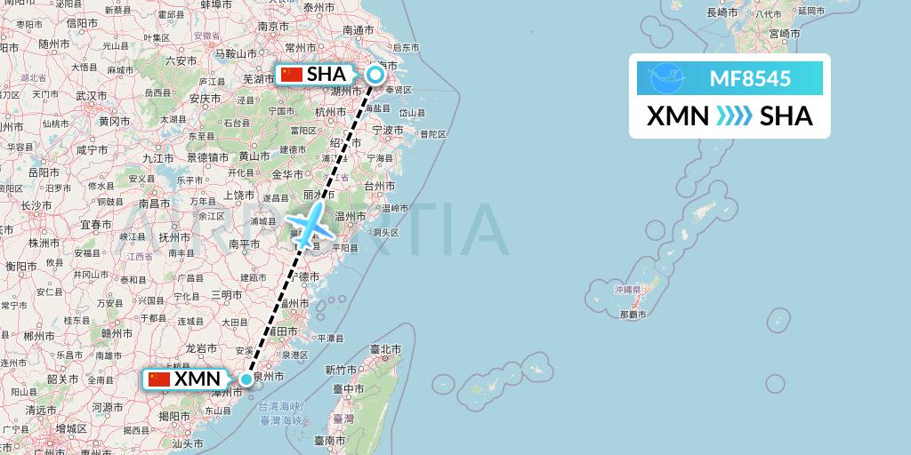 MF8545 Xiamen Airlines Flight Map: Xiamen to Shanghai