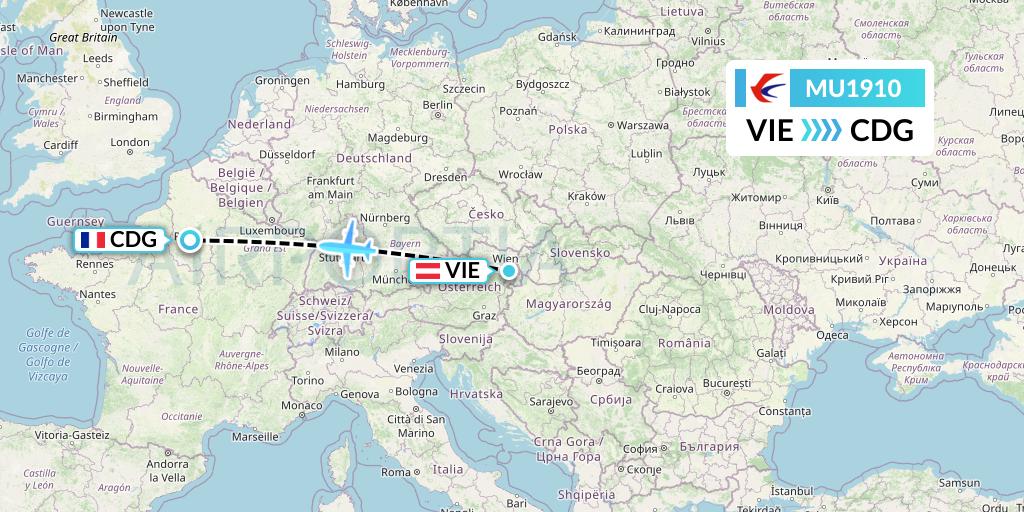 MU1910 China Eastern Airlines Flight Map: Vienna to Paris