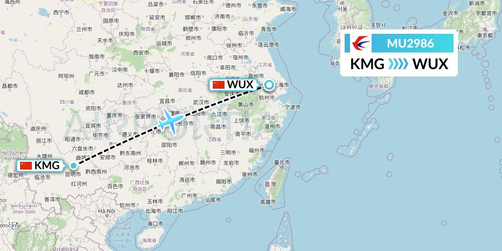 MU2986 China Eastern Airlines Flight Map: Kunming to Wuxi