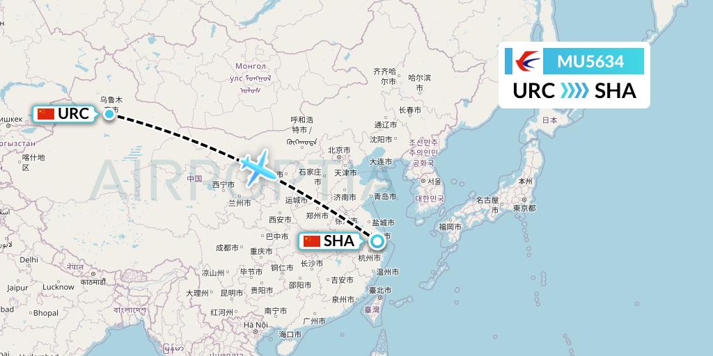 MU5634 China Eastern Airlines Flight Map: Urumqi to Shanghai