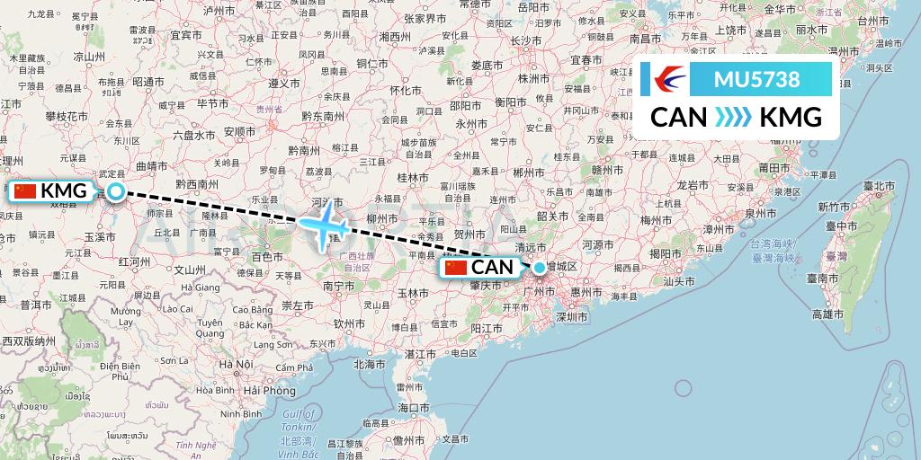 MU5738 China Eastern Airlines Flight Map: Guangzhou to Kunming