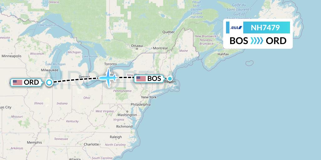 NH7479 All Nippon Airways Flight Map: Boston to Chicago