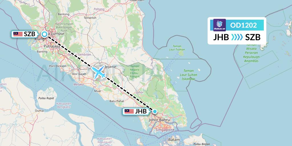 OD1202 Batik Air Malaysia Flight Map: Johor Bahru to Kuala Lumpur