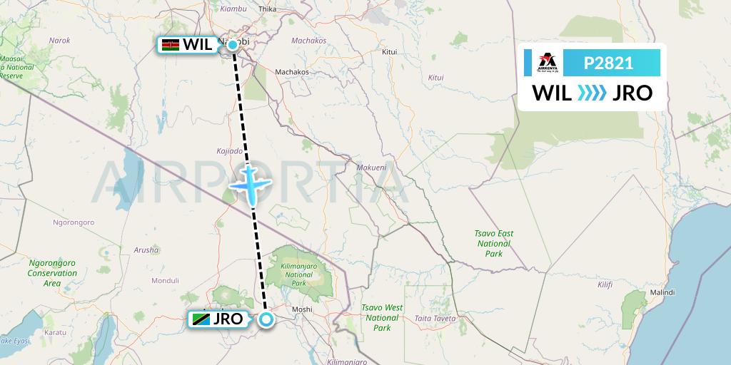 P2821 Airkenya Express Flight Map: Nairobi to Kilimanjaro