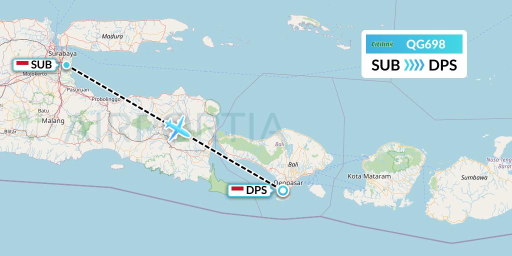 QG698 Citilink Flight Map: Surabaya to Denpasar