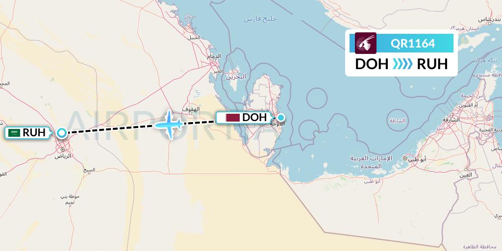 QR1164 Qatar Airways Flight Map: Doha to Riyadh