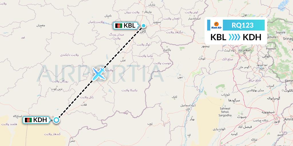 RQ123 Kam Air Flight Map: Kabul to Kandahar