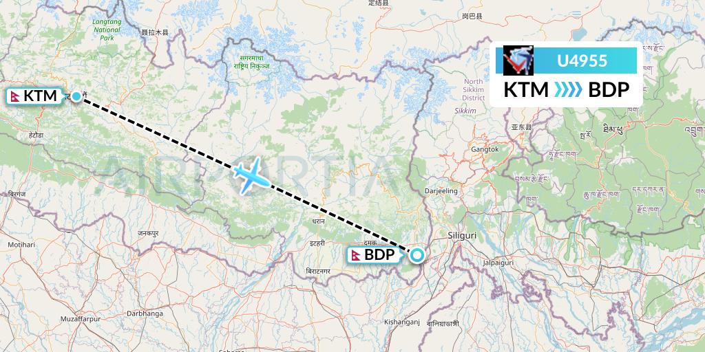 U4955 Buddha Air Flight Map: Kathmandu to Bhadrapur