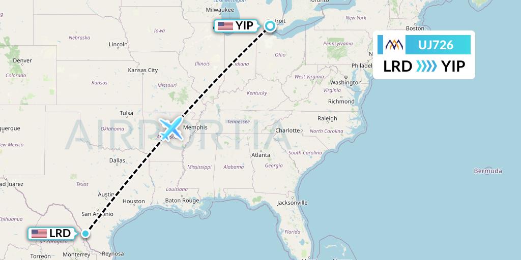 UJ726 AlMasria Universal Airlines Flight Map: Laredo to Detroit