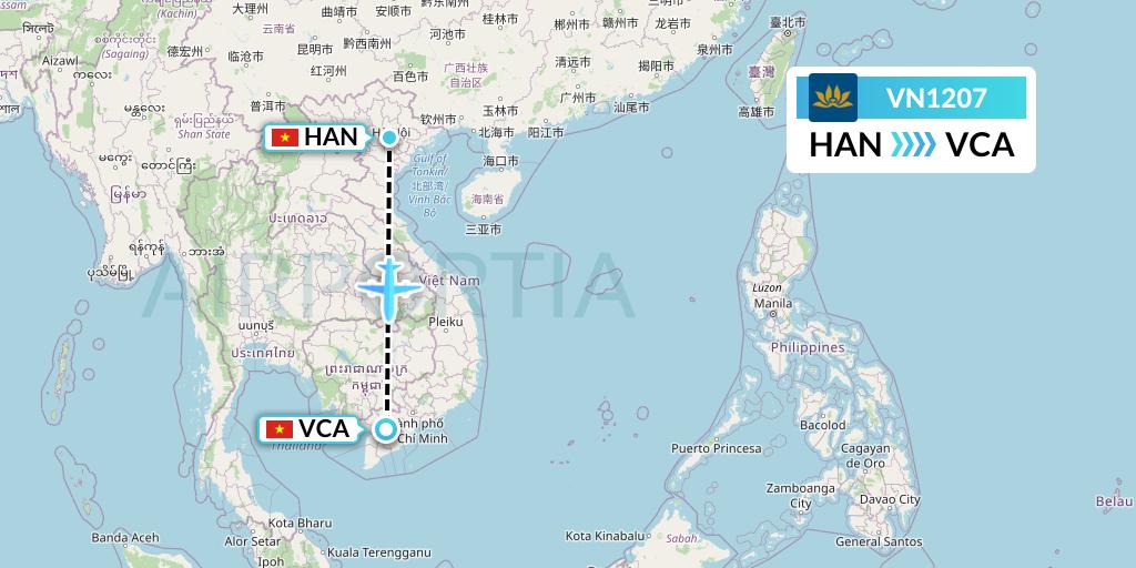 VN1207 Vietnam Airlines Flight Map: Hanoi to Can Tho