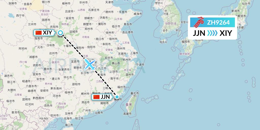 ZH9264 Shenzhen Airlines Flight Map: Jinjiang to Xi'an