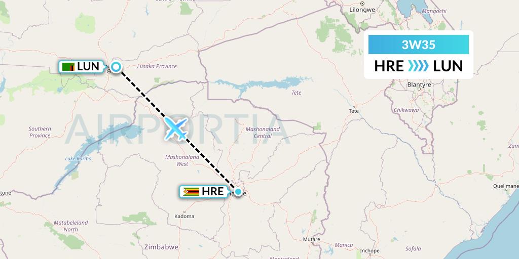 3W35 Malawian Airlines Flight Map: Harare to Lusaka