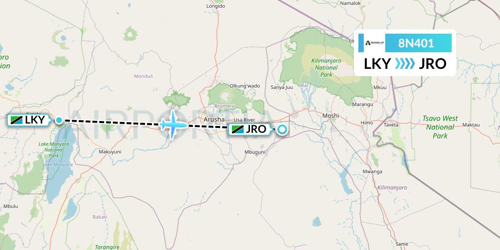 8N401 Regional Air Services Flight Map: Lake Manyara National Park to Kilimanjaro