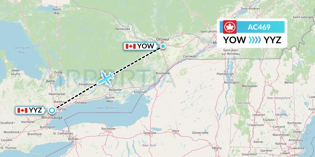 AC469 Air Canada Flight Map: Ottawa to Toronto