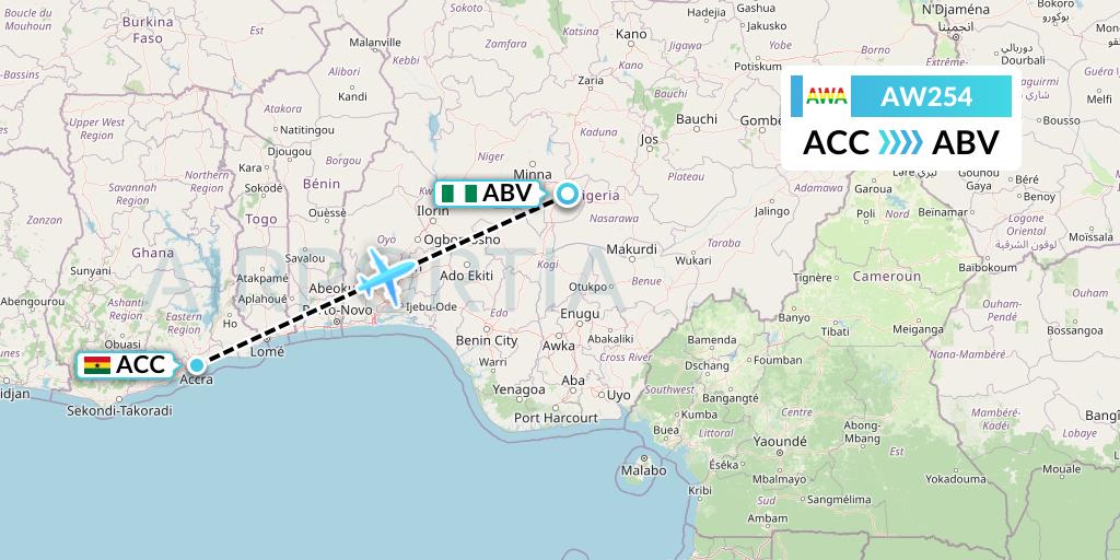 AW254 Africa World Airlines Flight Map: Accra to Abuja