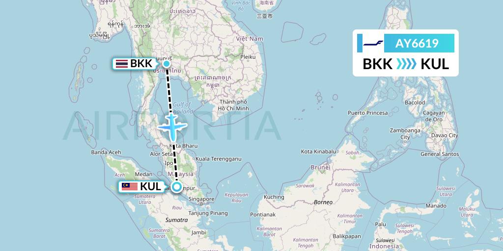 AY6619 Finnair Flight Map: Bangkok to Kuala Lumpur