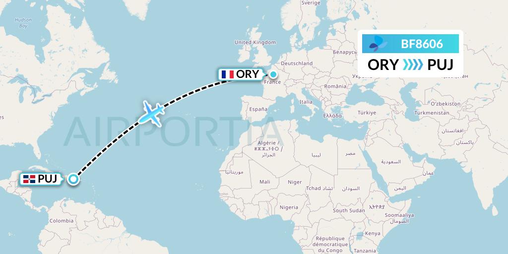 BF8606 French Blue Flight Map: Paris to Punta Cana