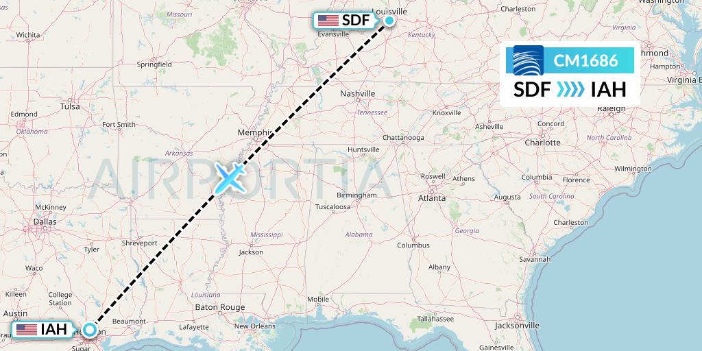 CM1686 Copa Airlines Flight Map: Louisville to Houston