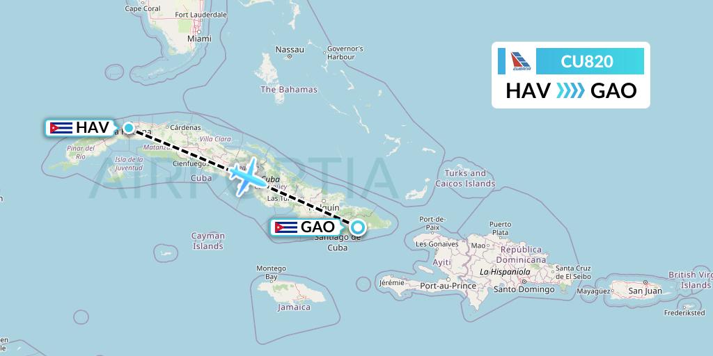 CU820 Cubana Flight Map: Havana to Guantanamo