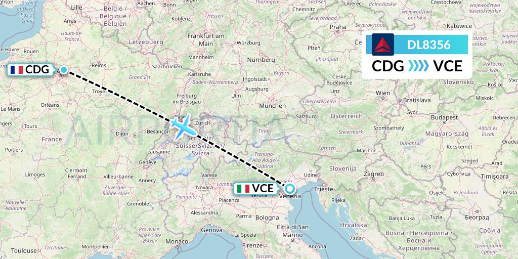 DL8356 Delta Air Lines Flight Map: Paris to Venice