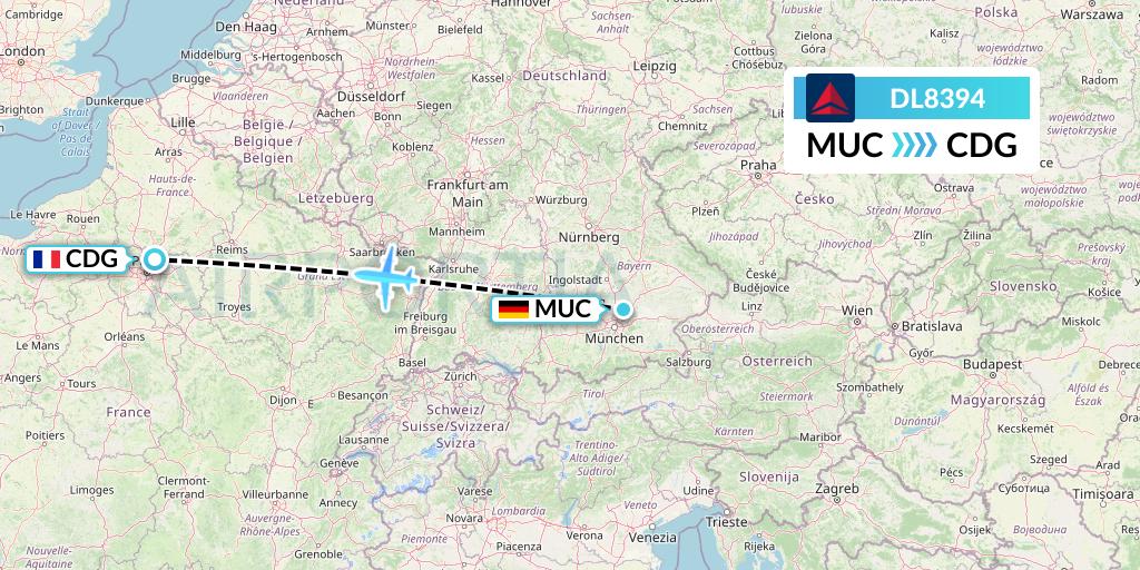 DL8394 Delta Air Lines Flight Map: Munich to Paris