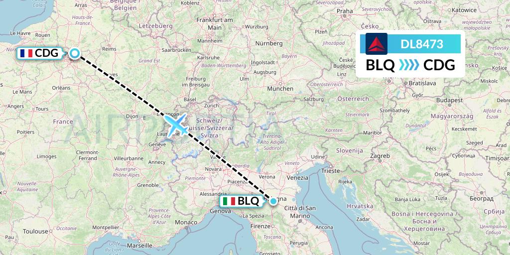 DL8473 Delta Air Lines Flight Map: Bologna to Paris