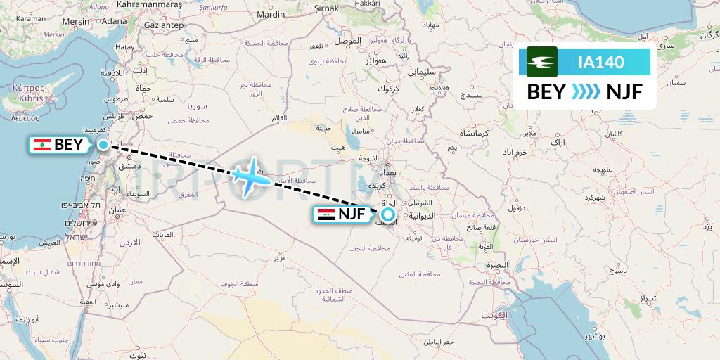 IA140 Iraqi Airways Flight Map: Beirut to Najaf
