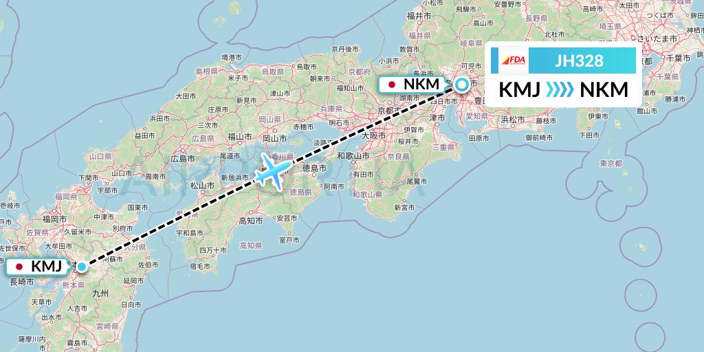 JH328 Fuji Dream Airlines Flight Map: Kumamoto to Nagoya