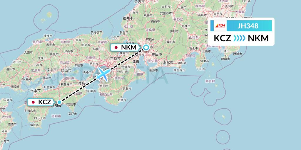 JH348 Fuji Dream Airlines Flight Map: Nankoku to Nagoya