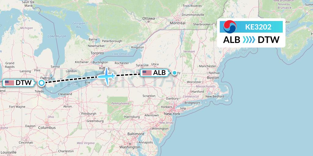 KE3202 Korean Air Flight Map: Albany to Detroit
