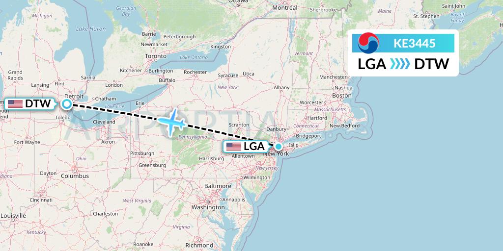 KE3445 Korean Air Flight Map: New York to Detroit