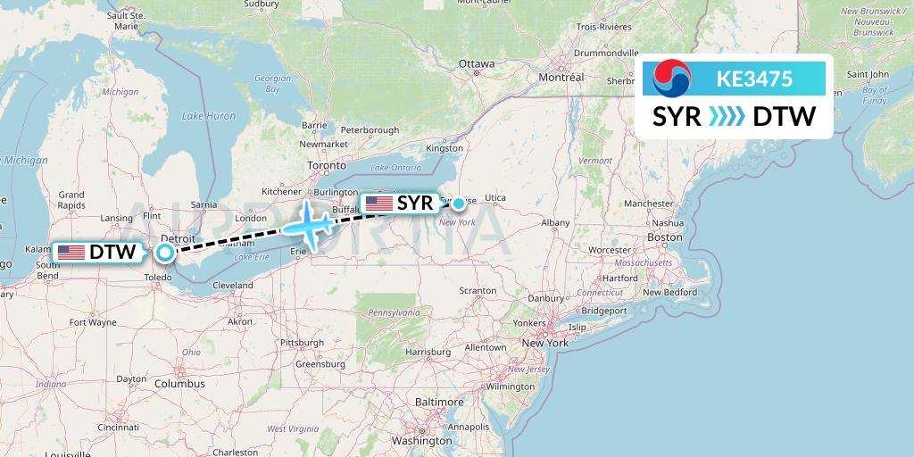 KE3475 Korean Air Flight Map: Syracuse to Detroit